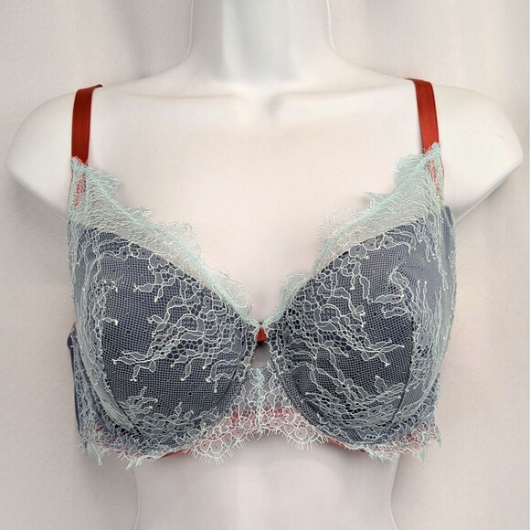 Victoria's Secret 38D Blue Lace Satin Lined Plunge Red Strap Bra NWOT - Picture 1 of 5